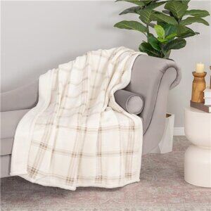 Reversible Velvet Plush and Faux Shearling Throw Blanket, Beige Plaid, Bedding